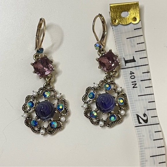 Betsey Johnson Carved Flower Medallion Gem Drop Earrings - Picture 6 of 6